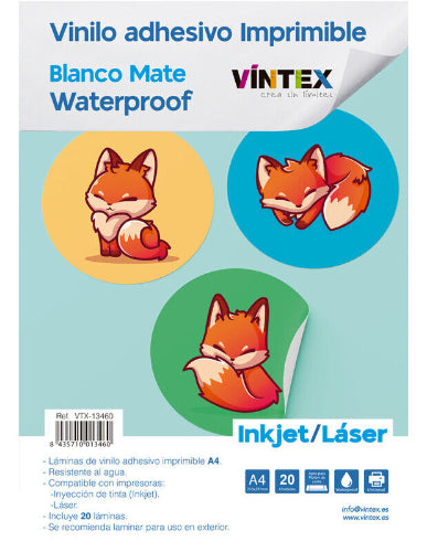 Vinil Adesivo Imprimível Laser/Inkjet Vintex A4 Branco Mate 20 folhas
