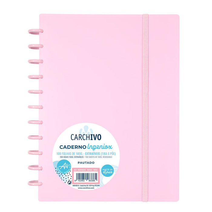 Caderno Ingeniox A4 100 Folhas Quadriculado Pastel Rosa